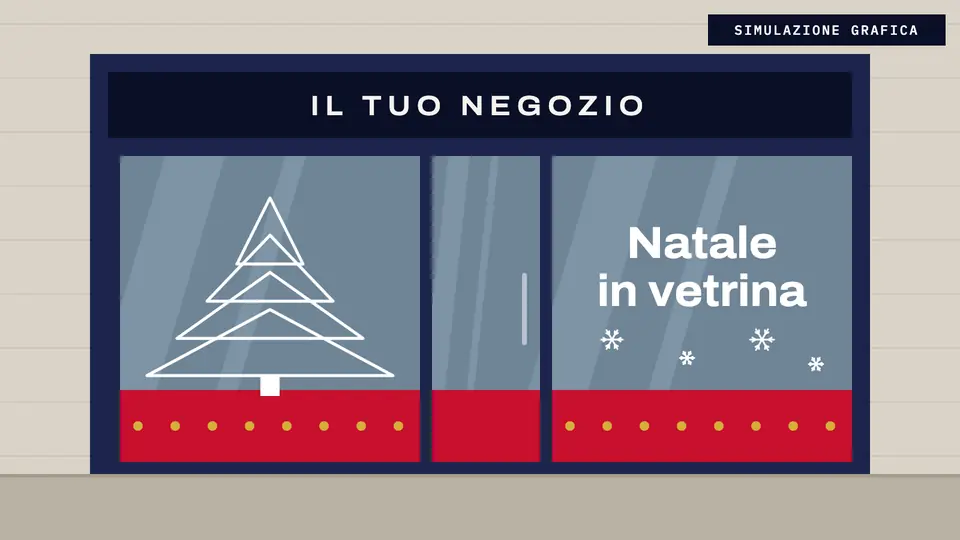 Vetrofania natalizia con albero stilizzato, fascia rossa e scritta Natale in vetrina (simulazione grafica)