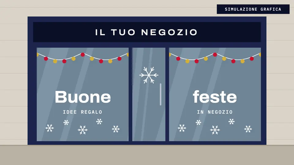 Vetrofania natalizia bianca con ghirlanda e scritta Buone feste sulla vetrina di un negozio (simulazione grafica)