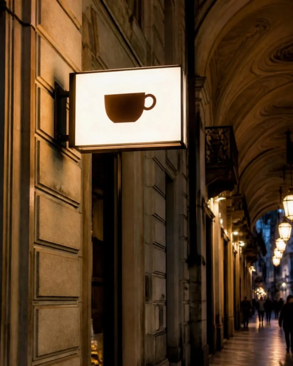 Insegna a bandiera luminosa vista dal marciapiede sotto i portici