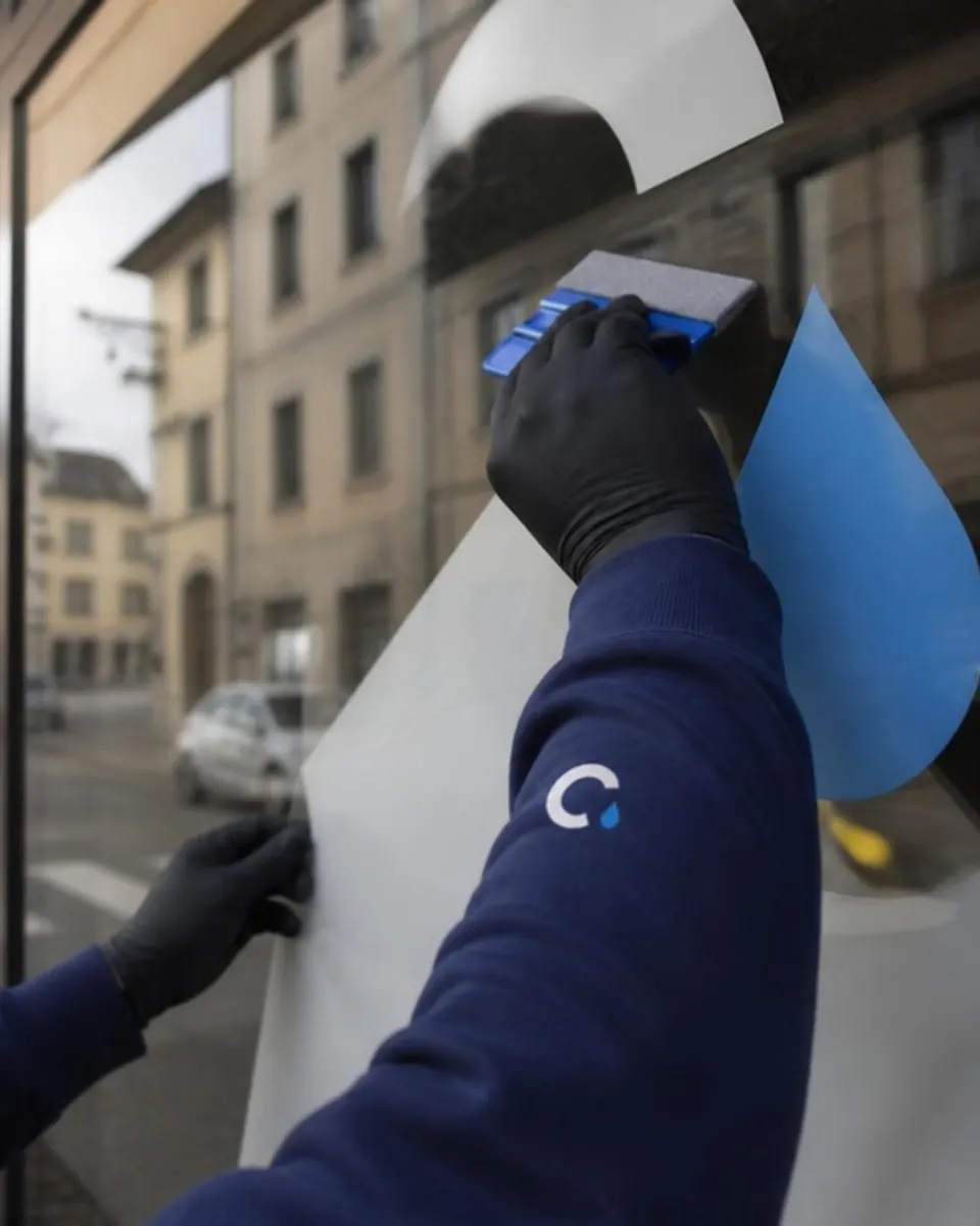 Mani con guanti che posano una vetrofania sul vetro con la racla