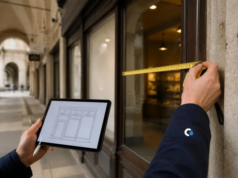 Sopralluogo sotto i portici: misure della vetrina con metro e tablet