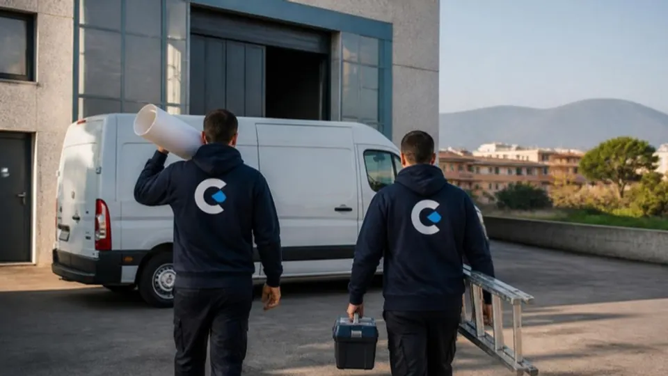 Due montatori con felpa Carattere che caricano rotolo, scala e attrezzi sul furgone