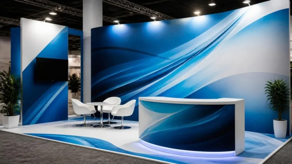 Stand fieristico con fondale, pannelli e grafiche a pavimento stampati