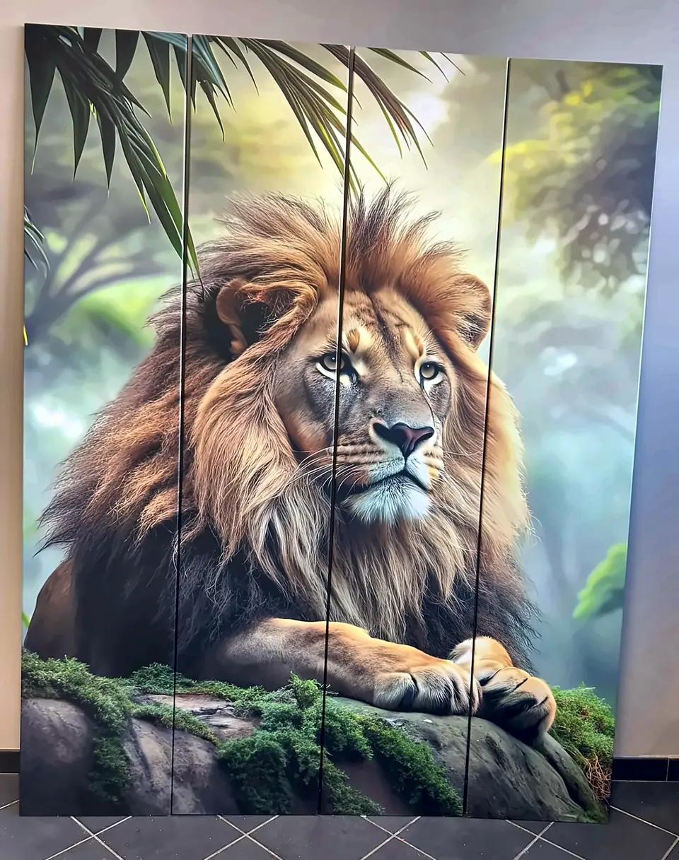 Anta di un armadio rivestita con la stampa di un leone nella giungla