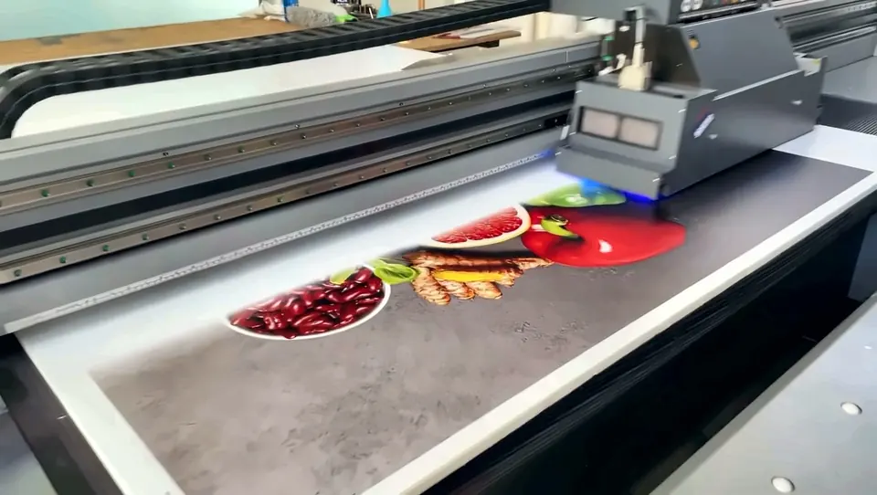 Dettaglio della stampa UV su pannello rigido in laboratorio